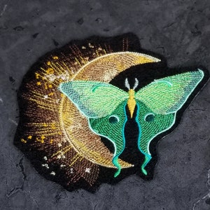 Midnight Luna Moth Crescent Moon Iron On Embroidery Patch MTCoffinz - Choose Size