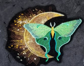 Midnight Luna Moth Crescent Moon Iron On Embroidery Patch MTCoffinz - Choose Size