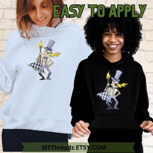 May include: Two people wearing hooded sweatshirts with an embroidered cartoon character on the front. The character is wearing a top hat and holding a torch. The text "EASY TO APPLY" is at the top of the image. The text "MTTThreadz.ETSY.COM" is at the bottom of the image.