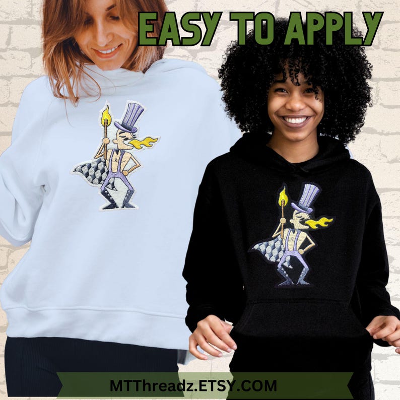 May include: Two people wearing hooded sweatshirts with an embroidered cartoon character on the front. The character is wearing a top hat and holding a torch. The text "EASY TO APPLY" is at the top of the image. The text "MTTThreadz.ETSY.COM" is at the bottom of the image.