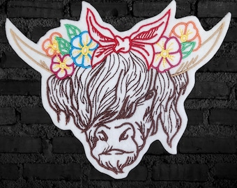 Sample SALE Highland Cow Patch Floral Wreath Cow Patch Cute Fluffy Cow Patch Embroidery Highland Cow Iron On - Ready to Ship LAST ONE