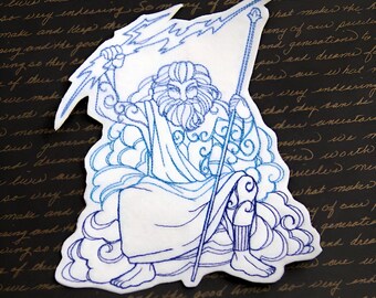May include: Embroidered patch of Zeus, the Greek god of the sky and thunder, holding a lightning bolt and sitting on a cloud. The patch is white with blue embroidery.