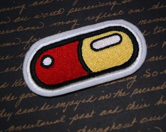 Red Yellow Pill Capsule Iron On Embroidery Patch MTCoffinz