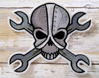 SAMPLE SALE Wrench Skull Patch Biker Skull Mechanic Rivet Skull Crossbones Iron On Embroidery Patch - Ready to Ship LAST One!