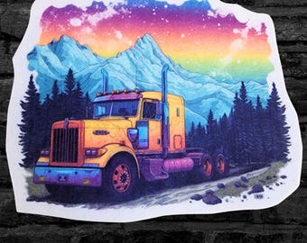 Rainbow Big Rig Truck Driving Through the Mountains Iron On Fabric Patch  - Choose Size