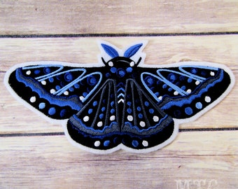 Animalia Moth-  Blue Black Tribal Iron On Embroidery Patch MTCoffinz - Choose Size