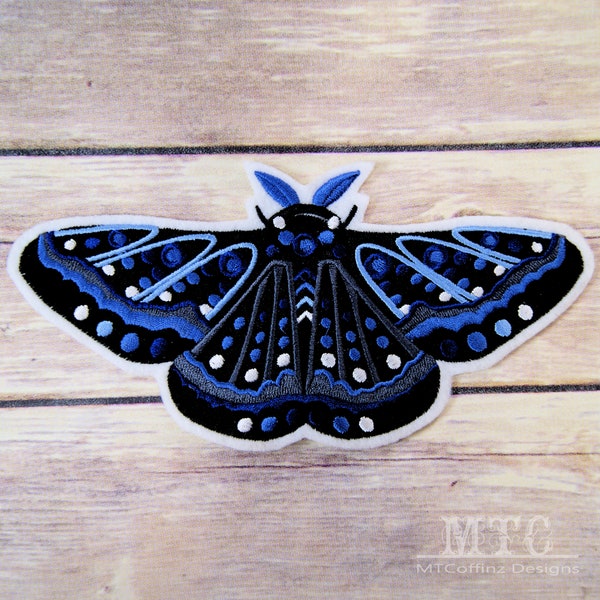 Animalia Moth-  Blue Black Tribal Iron On Embroidery Patch MTCoffinz - Choose Size