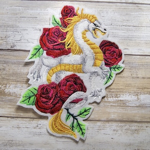 Golden Fierce Dragon with Roses Iron On Embroidery Patch MTCoffinz - Choose Size