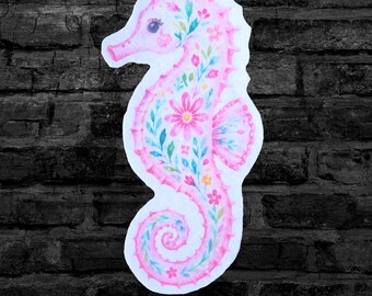 Pink Floral Seahorse Pink Girly Summer - Iron On Fabric Patch - Choose Size