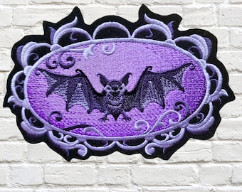 Purple Bat Patch Vampire Bat Cameo Frame Iron On Embroidery Patch Goth Bat Patch Back Patch