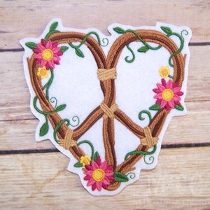Peace Sign Patch Heart Shape Vines Branches and Daisies Floral Peace Sign Heart Iron On Embroidery Patch MTCoffinz - Choose Size