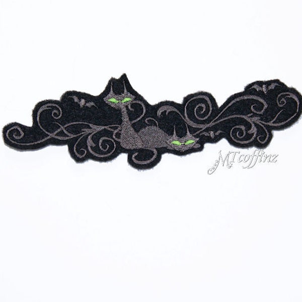 Spooky Black Cats Green Eyes Filigree Swirl Iron On Embroidery Patch MTCoffinz