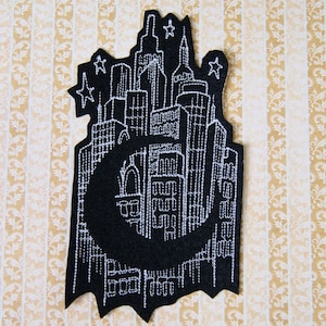 Cityscape Midnight Crescent Moon - Iron On Embroidery Patch MTCoffinz - Choose Size