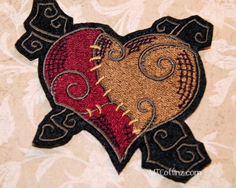 Frankenstein Stitched Broken Heart Iron On Embroidery Patch MTCoffinz - Choose Size