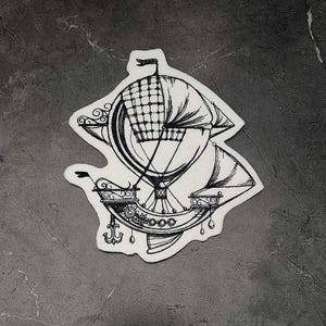 May include: Black and white illustration of a steampunk airship with intricate details. The design features a balloon, gondola, and decorative elements, creating a vintage aesthetic. A small flag is visible on top of the airship.