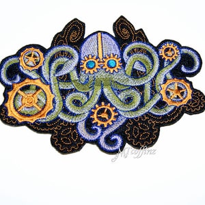 May include: Embroidered patch featuring a blue and green octopus with gears and a steampunk aesthetic. The octopus has a purple head and blue eyes. The patch is on a black background with a swirling pattern.