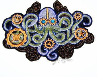 SteamPunk Aquatic Mechanical Octopus Gears Iron On Embroidery Patch MTCoffinz - Choose Size