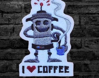 Parche de robot "Me encanta el café" Parche bordado para amantes del café Parche de bordado para planchar para máquina de café