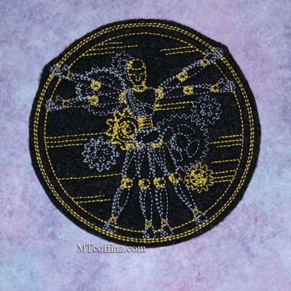 SteamPunk Vitruvian Man Gears Gold Silver Iron On Embroidery Patch MTCoffinz