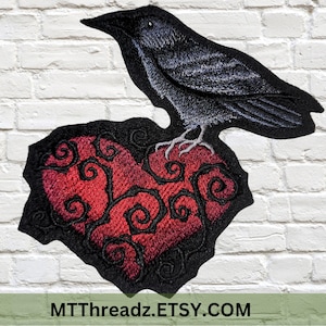 Raven Heart Patch Twisted Gothic Vines Patch Dark Goth Heart Iron On Embroidery Patch Classic Noir Patch- Choose Size