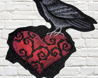 Sample SALE Raven Heart Patch Twisted Gothic Vines Patch Dark Goth Heart Iron On Embroidery Patch Classic Noir Patch- Ready to Ship LAST ONE