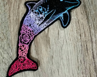 Sample SALE Pink Blue Floral Dolphin Patch Dolphin Embroidered  - Iron On Embroidery Patch - Ready to Ship LAST ONE