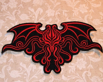 Cthulhu Crest Red Winged Monster Iron On Embroidery Patch MTCoffinz - - Choose Size
