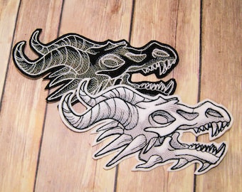 Dragon Shadow Skull Black White Iron On Embroidery Patch MTCoffinz - Choose Size / Color