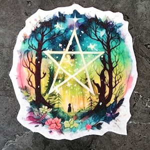 May include: Watercolour painting of a five-pointed star with a glowing centre, surrounded by trees and flowers. The star is white and the background is a vibrant mix of blue, green, yellow, and pink.