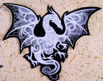 White Dragon Patch Fantasy White Baroque Dragon Wings Iron On Embroidery Patch - Choose Size