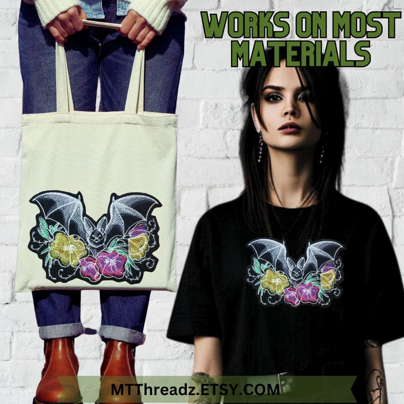 May include: A cream tote bag and a black t-shirt, both with a bat and floral design. The tote bag is held by a person wearing blue jeans and brown boots. The t-shirt is worn by a person. Text on the image reads "WORKS ON MOST MATERIALS".