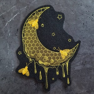 Gold Crescent Moon Honey Bee Pollen Honeycomb Iron On Embroidery Patch MTCoffinz - Choose Size