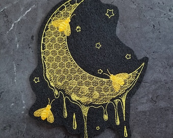 Gold Crescent Moon Honey Bee Pollen Honeycomb Iron On Embroidery Patch MTCoffinz - Choose Size