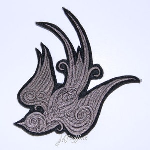 Baroque Swallow Sparrow Grey Rockabilly Iron On Embroidery Patch MTCoffinz image 1