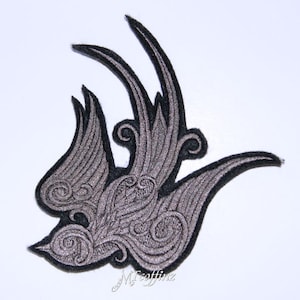 Baroque Swallow Sparrow Grey Rockabilly Iron On Embroidery Patch MTCoffinz