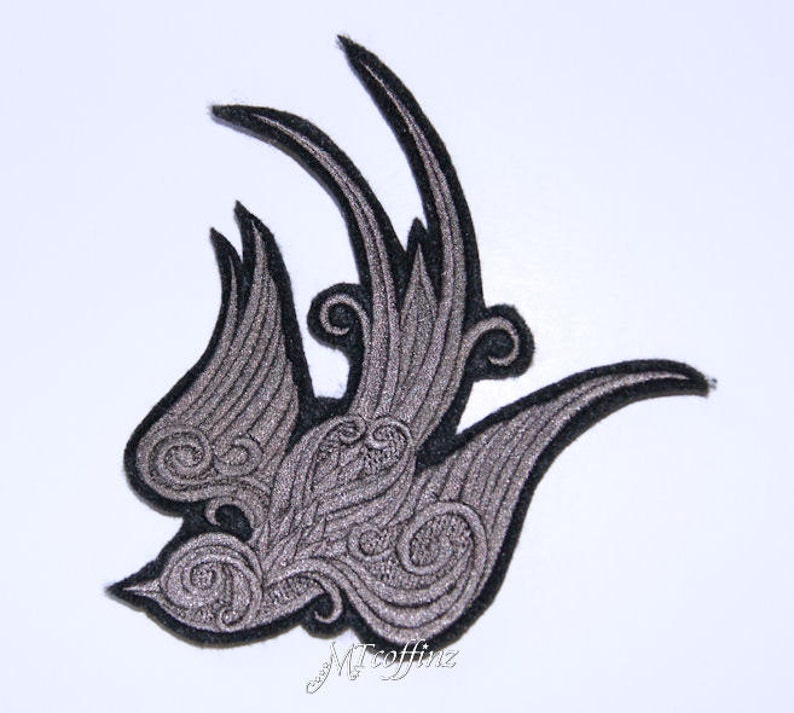Baroque Swallow Sparrow Grey Rockabilly Iron On Embroidery Patch MTCoffinz image 1