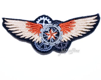 SteamPunk Gears Captain's Wings Iron On Embroidery Patch MTCoffinz