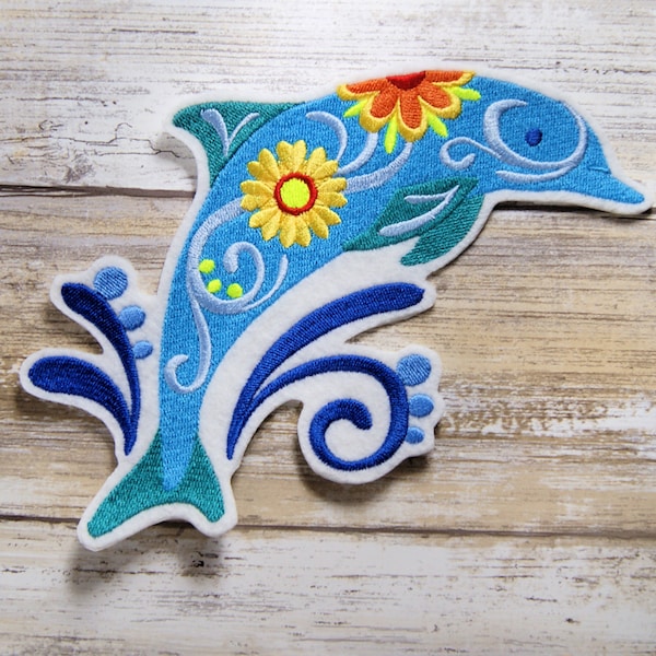 Flower Power Blue Dolphin - Iron On Embroidery Patch MTCoffinz - Choose Size