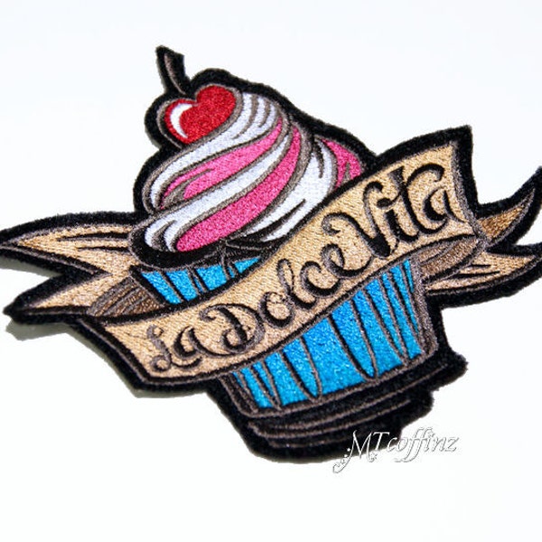 La Dolce Vita Frosted Cupcake Iron On Embroidery Patch MTCoffinz