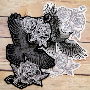 Raven Crow Corvus with Sketch Roses Iron On Embroidery Patch MTCoffinz - Choose Color / Size