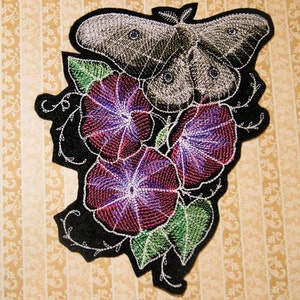 Midnight Nightmare Moth and Flowers  Iron On Embroidery Patch MTCoffinz - Choose size