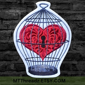 Caged Heart Patch Red Heart Locked in a Birdcage Iron On Embroidery Patch back patch Valentine Gift Patch