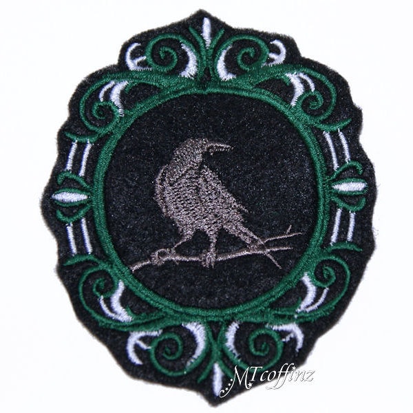 Gothic Raven Dark Green Cameo Iron On Embroidery Patch MTCoffinz - Choose Size