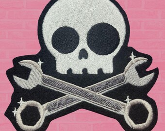 Wrench Skull Patch Mechanic Skull Crossbones Biker Skull Iron on