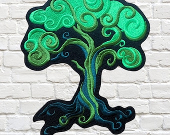 Green Tree Patch Baroque Swirls Iron On Embroidery Patch Earth day Vegan Patch