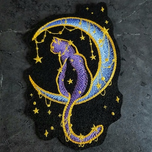 Spooky Black Cat Midnight Haunted Forest,  Purple Blue - Iron On Embroidery Patch MTCoffinz - Choose Size