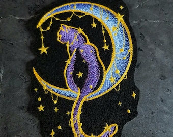 Spooky Black Cat Midnight Haunted Forest,  Purple Blue - Iron On Embroidery Patch MTCoffinz - Choose Size