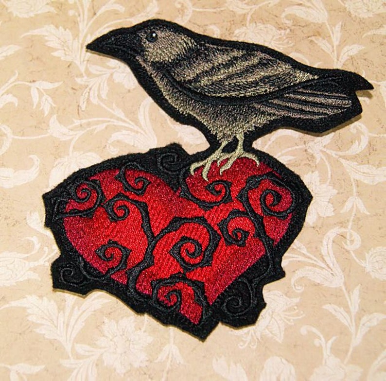 Raven Heart With Vines Iron on Embroidery Patch Mtcoffinz Etsy