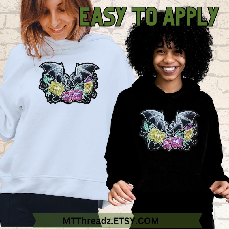 May include: White and black hoodies with an embroidered bat and flower design. The design features yellow, pink, and green floral accents. The text "EASY TO APPLY" is above the hoodies. The Etsy shop name is displayed at the bottom of the image.