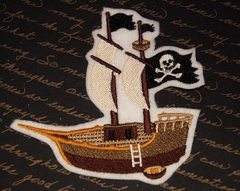Wooden Cartoon Pirate Ship Iron On Embroidery Patch MTCoffinz